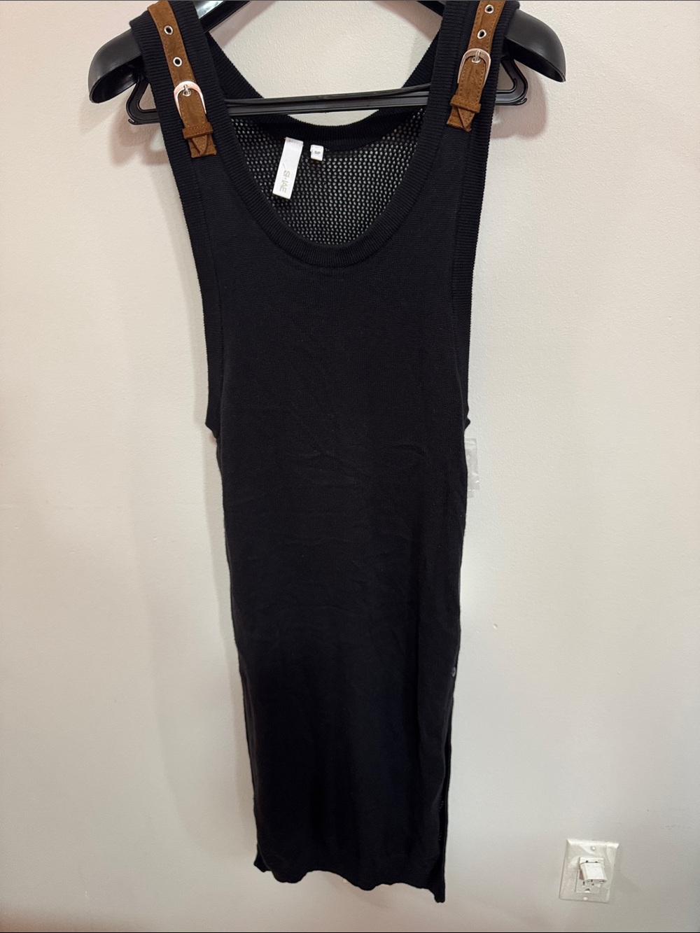 Black Ribbed Tank Top with Brown Adjustable Strap Accents